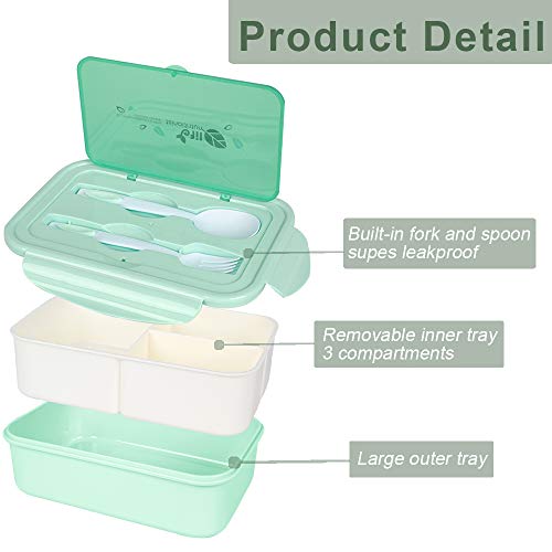 MEIXI Fiambrera Infantil Caja de Bento con 3 Compartimentos y Cubiertos Fiambreras Caja de Alimentos Ideal para Almuerzo y Bocadillos para Niños y Adultos (Verde)