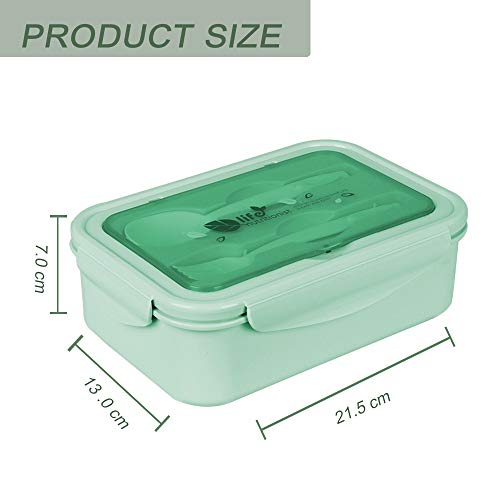 MEIXI Fiambrera Infantil Caja de Bento con 3 Compartimentos y Cubiertos Fiambreras Caja de Alimentos Ideal para Almuerzo y Bocadillos para Niños y Adultos (Verde)