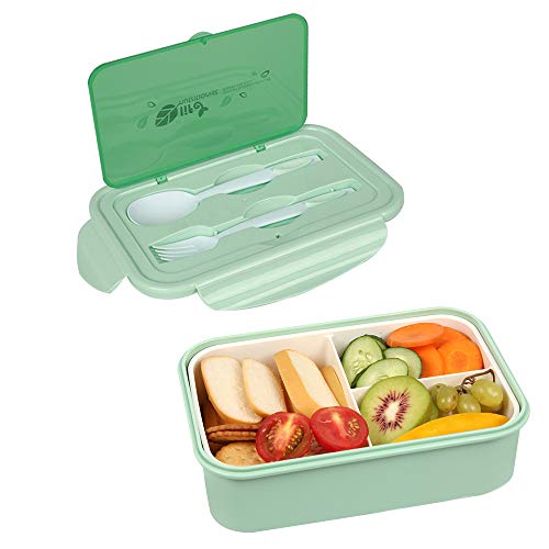 MEIXI Fiambrera Infantil Caja de Bento con 3 Compartimentos y Cubiertos Fiambreras Caja de Alimentos Ideal para Almuerzo y Bocadillos para Niños y Adultos (Verde)