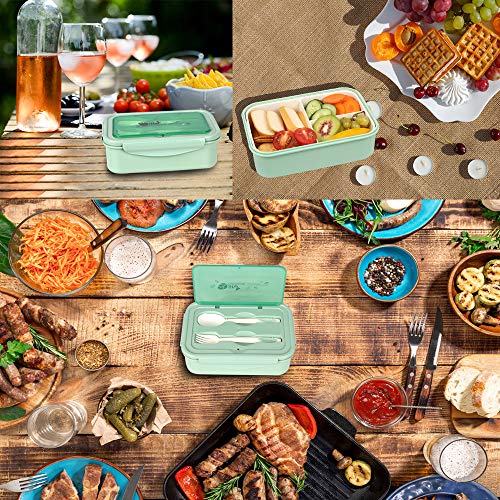 MEIXI Fiambrera Infantil Caja de Bento con 3 Compartimentos y Cubiertos Fiambreras Caja de Alimentos Ideal para Almuerzo y Bocadillos para Niños y Adultos (Verde)