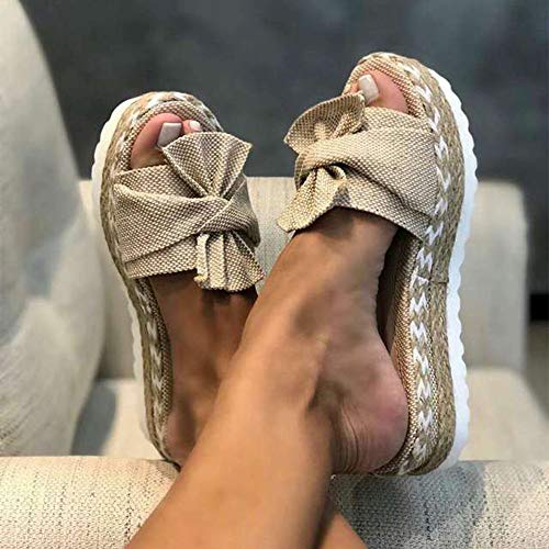MEIZHEN Zapatilla de Plataforma con cuña para Mujer, Sandalias de Verano con Nudo en la Parte Delantera de la Playa, Sandalias Bohemia Moda Casual Ocio de Ancho Ancho 39 Khaki