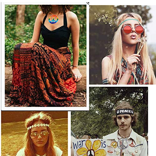 MEJOSER 6pcs Accesorios Disfraz Fiesta Hippie 2pcs Gafas Hippie de Sol 2pcs Colgantes Hippies de la Paz 2pcs Diademas Peace y de Flores Mujer Hombre