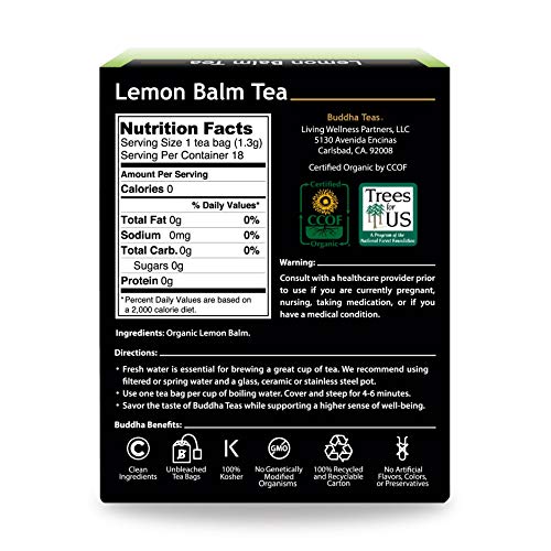 Melisa té - Aromas - 18 bolsitas de té Bleach libre Bolsas De Buddha Tés - 1000 MG de bálsamo de limón por bolsas de té