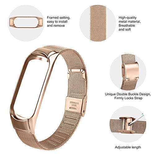 Meliya Correa Compatible con Xiaomi Mi Band 4 Xiaomi Mi Band 3 Metal Correas,Pulsera de Repuesto de Inoxidable Hebilla Ajustable Hebilla Correa para Mujer y Hombre(No Host) (Oro Rosa)