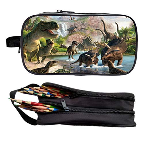 Memoryee 3D Lienzo de dinosaurio Estudiantes Lápiz Estuche de gran capacidad Cremalleras dobles Bolsa de almacenamiento de maquillaje Titular de la pluma oficina portátil papelería