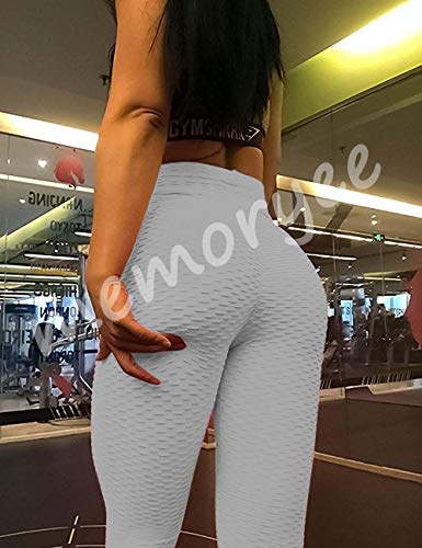 Memoryee Panal arrugado para nalgas de las mujeres leggings Levante los pantalones de yoga de cintura alta Elegante con gimnasio de control de la barriga/Grey/XL