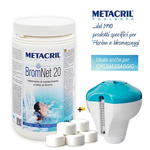 Metacril Bromo en Pastillas DE 20 gr – Brom Net 20 kg.1 + Dosificador Flotante C/Termómetro. Ideal para SPA Hidromasaje (Teuco, Jacuzzi, hafro, Glass, dimhora, Intex, Bestway, etc.) Envío immediata
