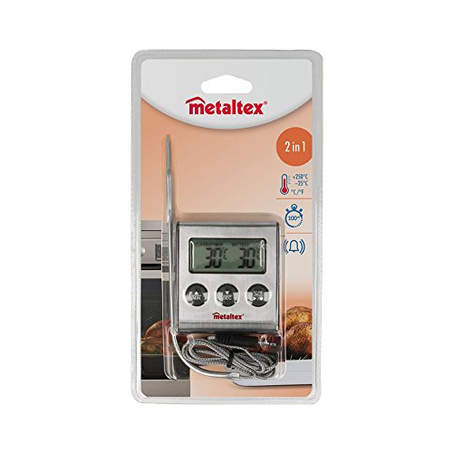 Metaltex Termómetro Digital de Cocina con Sonda y Minutero, Acero Inoxidable, Gris, 20x20x6 cm