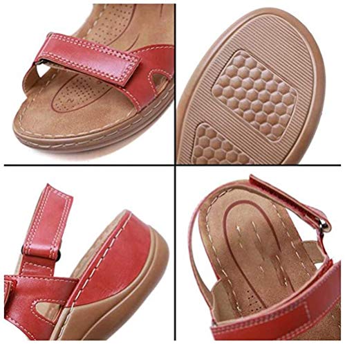 MIAOXIAO Mujer Sandalias Punta Abierta Cuero Cómodo Sandalias de Caminar Antideslizantes Cierre de Velcro, Sandalias Planas, Plataforma Abierta, Zapatos de Playa,4,41