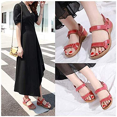 MIAOXIAO Mujer Sandalias Punta Abierta Cuero Cómodo Sandalias de Caminar Antideslizantes Cierre de Velcro, Sandalias Planas, Plataforma Abierta, Zapatos de Playa,4,41