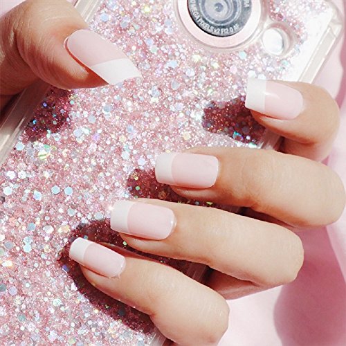 Mimei 24 Piezas Uñas Postizas Manicura Francesa, Uñas Postizas Largas Rosas, Unas Postizas para acrilico para Dia de la Madre, San Valentin, Halloween, Navidad(2g pegamento incluido)