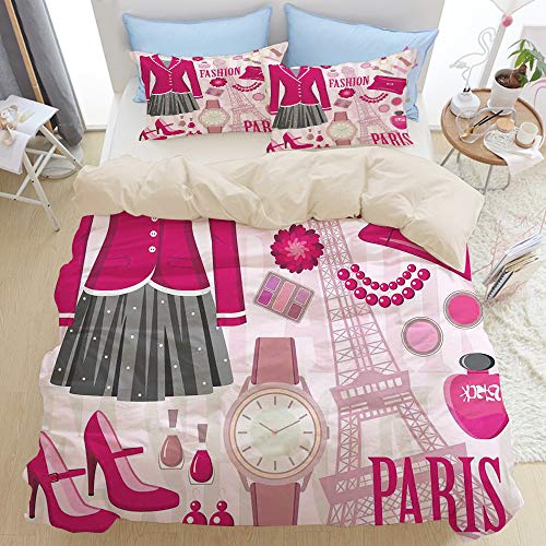 Minalo Bedding Juego de Funda de Edredón,Beige,Tema de Moda en París con atuendos Vestido Reloj Monedero Perfume Parisienne Landmark Picture,Microfibra NO LLENAR,(Cama 140x200 + Almohada)