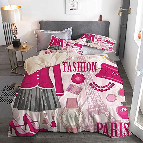 Minalo Bedding Juego de Funda de Edredón,Beige,Tema de Moda en París con atuendos Vestido Reloj Monedero Perfume Parisienne Landmark Picture,Microfibra NO LLENAR,(Cama 140x200 + Almohada)