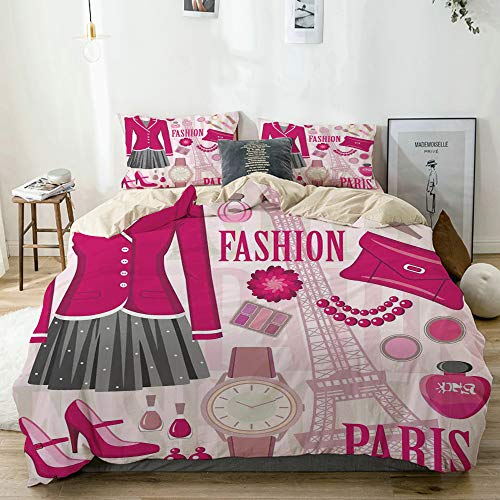 Minalo Bedding Juego de Funda de Edredón,Beige,Tema de Moda en París con atuendos Vestido Reloj Monedero Perfume Parisienne Landmark Picture,Microfibra NO LLENAR,(Cama 140x200 + Almohada)