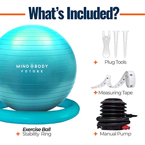 Mind Body Future Pelota Suiza o Gym Ball Bola para Pilates, Yoga, Fitness, Embarazo y Sentarse. Balón Robusto, Antideslizante y Hipoalergénico. Fitball 65 cm con Base y Bomba. Turquesa