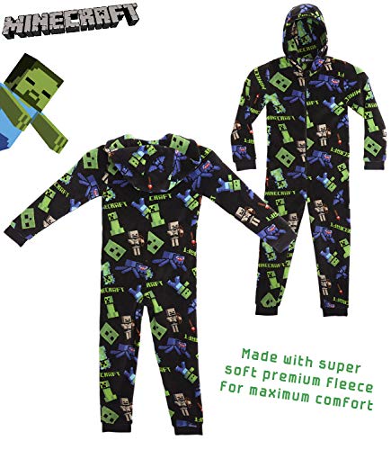 Minecraft Pijama Entero para Niños con Capucha, Pijamas Super Suaves de Una Pieza, Mono Disfraz Niño, Ropa de Dormir Invierno, Regalos para Niños Niñas Adolescentes 5-14 Años (Negro, 9/10 Años)