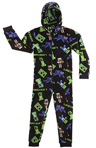 Minecraft Pijama Entero para Niños con Capucha, Pijamas Super Suaves de Una Pieza, Mono Disfraz Niño, Ropa de Dormir Invierno, Regalos para Niños Niñas Adolescentes 5-14 Años (Negro, 9/10 Años)