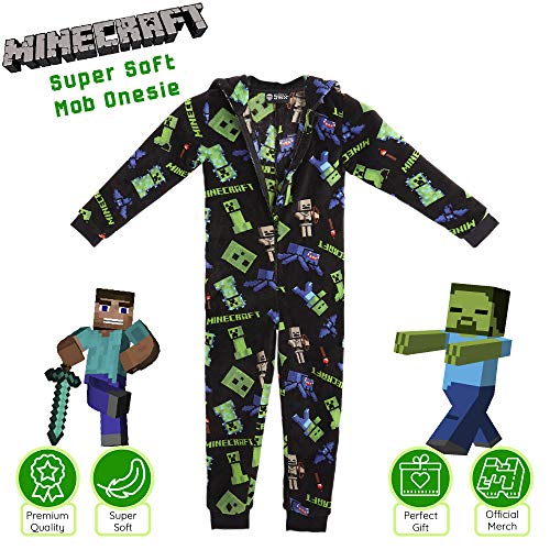 Minecraft Pijama Entero para Niños con Capucha, Pijamas Super Suaves de Una Pieza, Mono Disfraz Niño, Ropa de Dormir Invierno, Regalos para Niños Niñas Adolescentes 5-14 Años (Negro, 9/10 Años)
