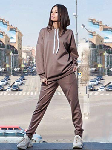 Minetom Mujeres 2 Piezas Set Conjunto de Chándal Manga Larga Deportivos Sudadera con Capucha + Pantalones Oversized Color Sólido Monos Jumpsuit B Caqui ES 40