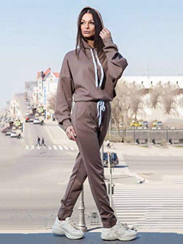 Minetom Mujeres 2 Piezas Set Conjunto de Chándal Manga Larga Deportivos Sudadera con Capucha + Pantalones Oversized Color Sólido Monos Jumpsuit B Caqui ES 40