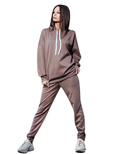 Minetom Mujeres 2 Piezas Set Conjunto de Chándal Manga Larga Deportivos Sudadera con Capucha + Pantalones Oversized Color Sólido Monos Jumpsuit B Caqui ES 40