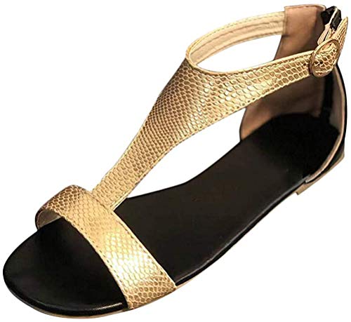 Minetom Sandalias Mujer Verano 2019 Sandalias Bohemia Mujer Sandalias De Cuero De Gladiador Pisos Zapatos Sandalias Planas Romanas De Playa Oro 43 EU