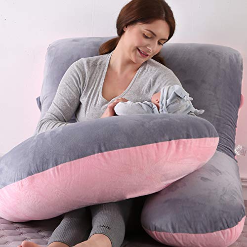 Mingfuxin Almohada de embarazo, con forma de J, con funda de terciopelo 100% algodón lavable para espalda de mujeres embarazadas, caderas, piernas, dormir y alimentar