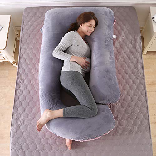 Mingfuxin Almohada de embarazo, con forma de J, con funda de terciopelo 100% algodón lavable para espalda de mujeres embarazadas, caderas, piernas, dormir y alimentar