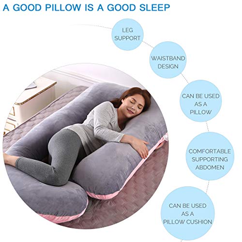 Mingfuxin Almohada de embarazo, con forma de J, con funda de terciopelo 100% algodón lavable para espalda de mujeres embarazadas, caderas, piernas, dormir y alimentar