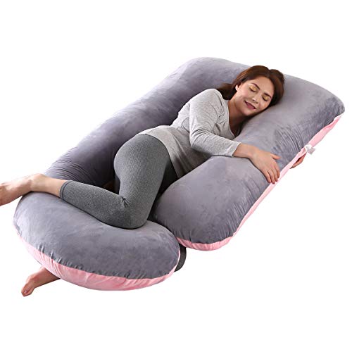 Mingfuxin Almohada de embarazo, con forma de J, con funda de terciopelo 100% algodón lavable para espalda de mujeres embarazadas, caderas, piernas, dormir y alimentar