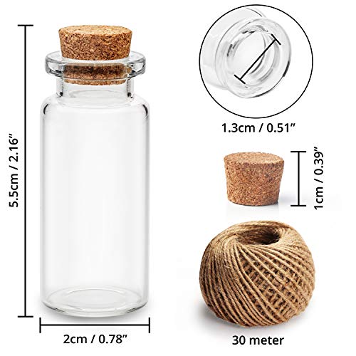 Mini Botellas de Vidrio con Tapón de Corcho (60 Piezas) - 10ml Miniatura Viales de Vidrio Frascos con 30m Cordel y 60 Tornillos de Ojo para Deseo de Fiesta Mensaje, Bodas Decoración, DIY Manualidades