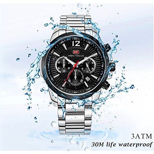 MINI FOCUS - Reloj para Hombre de Cuarzo Análogico Impermeable Correa de Acreo Inoxidable Multifuncional Sub-diales de Fecha Cronógrafo 24 Hora - Negro