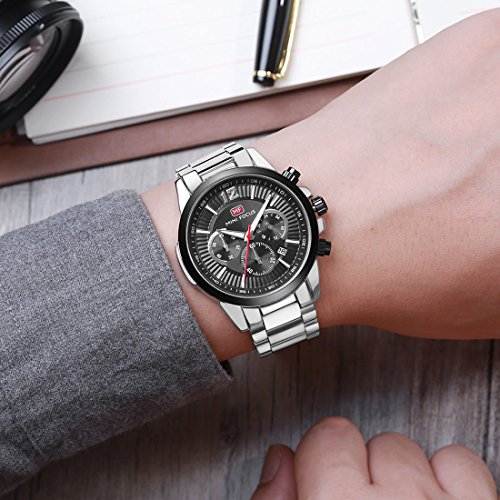 MINI FOCUS - Reloj para Hombre de Cuarzo Análogico Impermeable Correa de Acreo Inoxidable Multifuncional Sub-diales de Fecha Cronógrafo 24 Hora - Negro