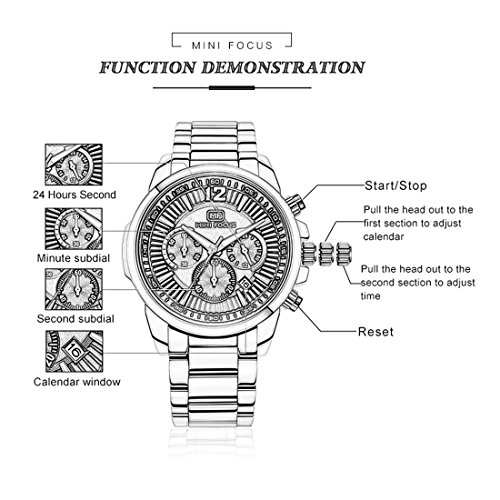 MINI FOCUS - Reloj para Hombre de Cuarzo Análogico Impermeable Correa de Acreo Inoxidable Multifuncional Sub-diales de Fecha Cronógrafo 24 Hora - Negro