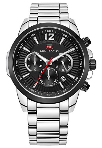 MINI FOCUS - Reloj para Hombre de Cuarzo Análogico Impermeable Correa de Acreo Inoxidable Multifuncional Sub-diales de Fecha Cronógrafo 24 Hora - Negro