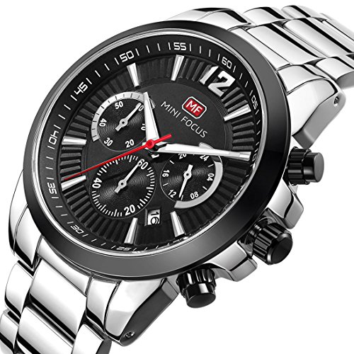 MINI FOCUS - Reloj para Hombre de Cuarzo Análogico Impermeable Correa de Acreo Inoxidable Multifuncional Sub-diales de Fecha Cronógrafo 24 Hora - Negro
