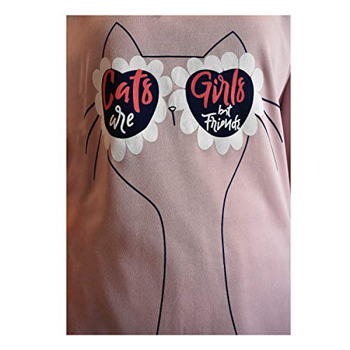 Mini kitten - Pijama de Mujer de Algodón Calido y Comodo de conjutos Largo para el Invierno, Camiseta y Pantalones con puño diseño Liso con Dibujo