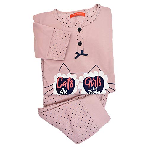 Mini kitten - Pijama de Mujer de Algodón Calido y Comodo de conjutos Largo para el Invierno, Camiseta y Pantalones con puño diseño Liso con Dibujo
