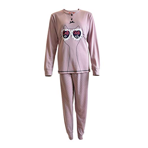 Mini kitten - Pijama de Mujer de Algodón Calido y Comodo de conjutos Largo para el Invierno, Camiseta y Pantalones con puño diseño Liso con Dibujo