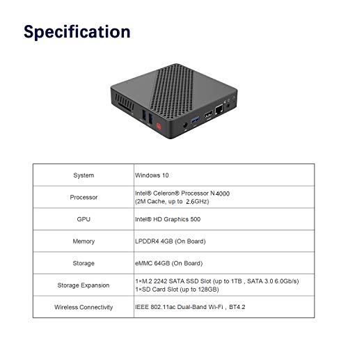 Mini PC Fanless Intel Celeron N4000 (hasta 2.6GHz) 4GB LPDDR4/64GB eMMC Mini Desktop Computer Windows 10 HDMI2.0 VGA UHD Graphics 600 2.4/5.8G Dual WiFi/1000Mbps LAN BT4.2 3×USB3.0, Auto Power On