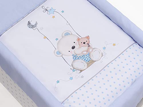 Minicuna mibebestore Plegable Blanco/Azul Osito: Estructura + Vestidura + Colcha Desenfuntable + Colchón + Almohada