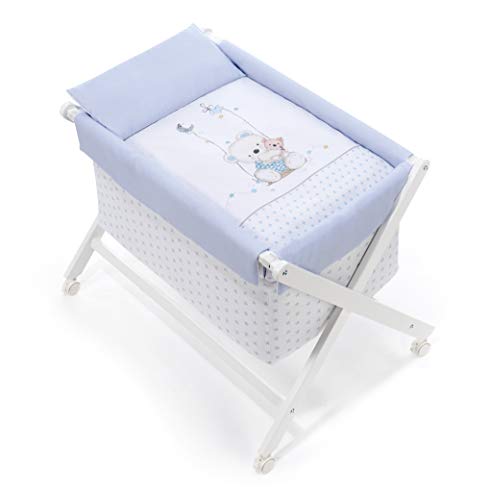 Minicuna mibebestore Plegable Blanco/Azul Osito: Estructura + Vestidura + Colcha Desenfuntable + Colchón + Almohada