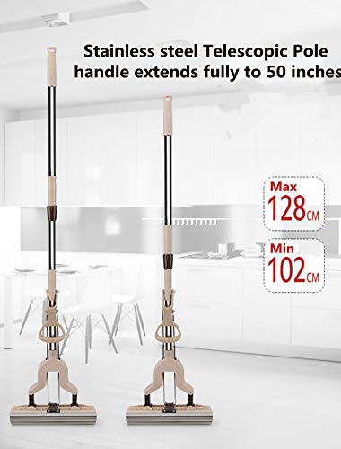 Mioke Fregona de esponja Trapeador PVA,Rodillo Super Absorbente Absorción de Agua Mango Telescópico Rápida Limpieza de suelos + una esponja extra
