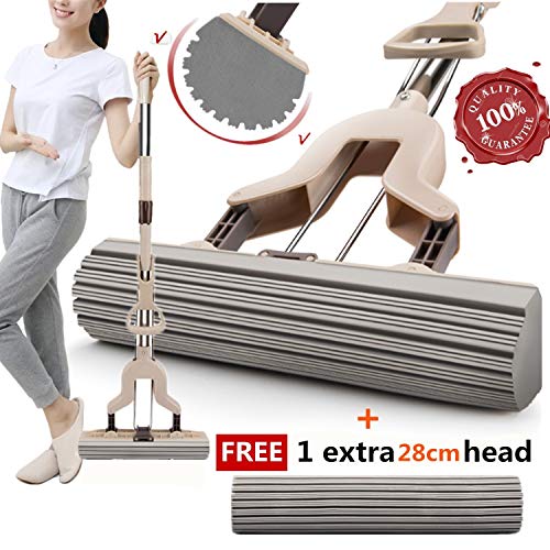 Mioke Fregona de esponja Trapeador PVA,Rodillo Super Absorbente Absorción de Agua Mango Telescópico Rápida Limpieza de suelos + una esponja extra