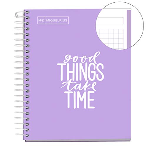 MIQUELRIUS - Cuaderno Notebook Messages - 1 franja de color, A6, 100 Hojas cuadriculadas de 5mm, Papel 90 g, Sin Taladros, Cubierta de Cartón Extra Duro, Color Lavanda