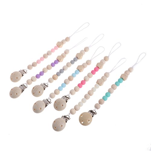 MIsha cadena chupetes Clip de madera chupete perlas de mordedor de madera natural（Gris）