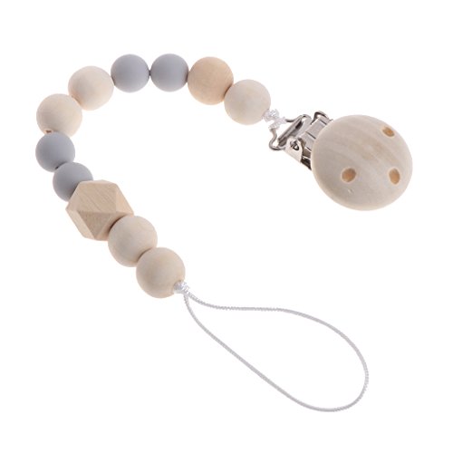 MIsha cadena chupetes Clip de madera chupete perlas de mordedor de madera natural（Gris）