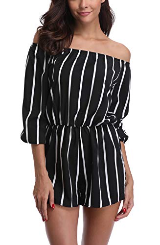 MISS MOLY Mono A Rayas Mujer Fiesta Sexy Manga Larga de Noche Trabajo Mamelucos básicos Bodysuit Pantalones Negro Medium