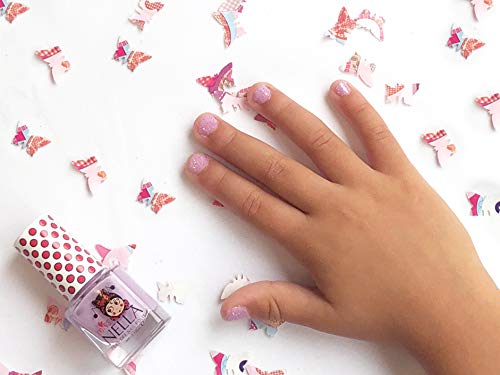 Miss Nella BUTTERFLY WINGS- Esmalte púrpura especial para uñas con brillos para niños, fórmula despegable, a base de agua y sin olor