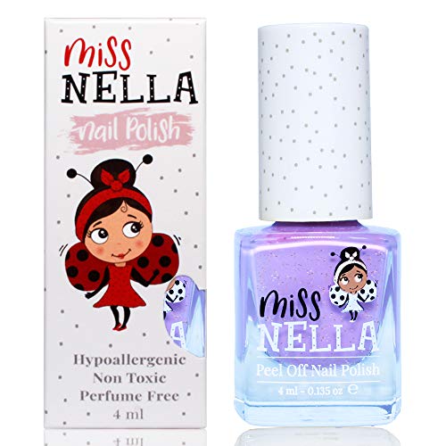 Miss Nella BUTTERFLY WINGS- Esmalte púrpura especial para uñas con brillos para niños, fórmula despegable, a base de agua y sin olor